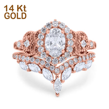14K Rose Gold Wedding Band Bridal Ring Oval Accent Vintage Simulated Cubic Zirconia Size-7